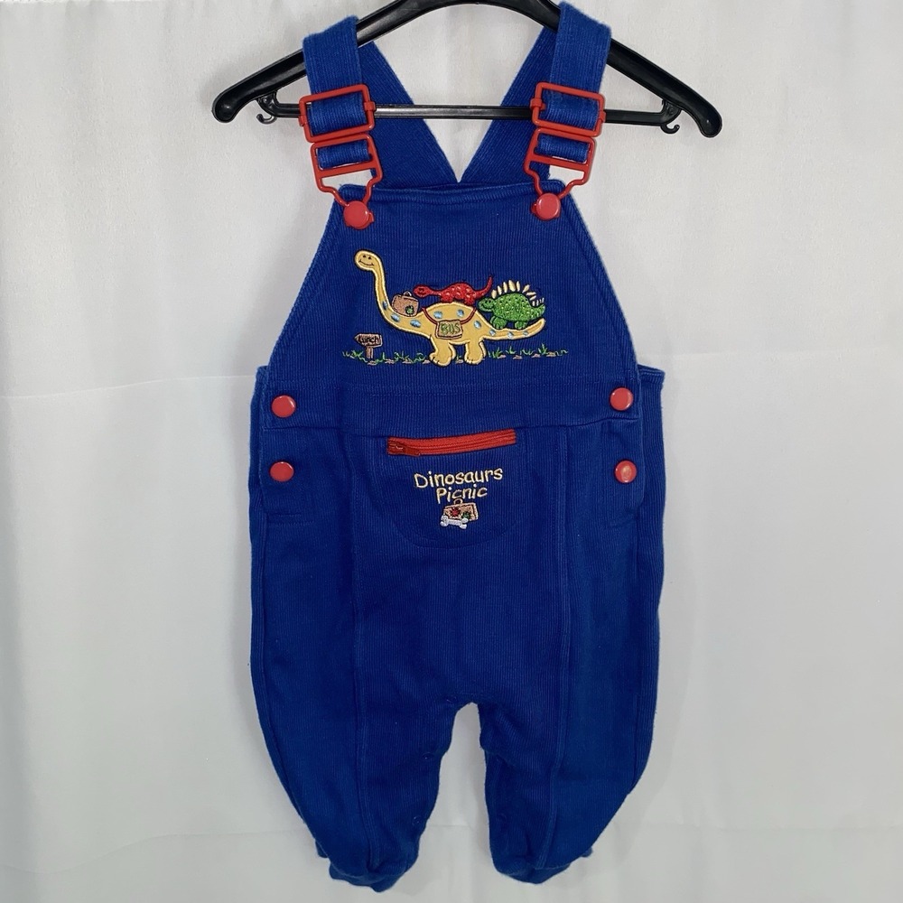 Vintage Buster Brown Bib Overalls Dinosaurs Picnic Blue Corduroy 12 Months